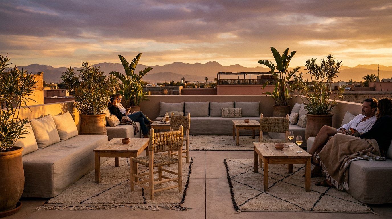 Terrasse marrakchie au coucher du soleil, illustrant la saisonnalité extrême du marché marocain