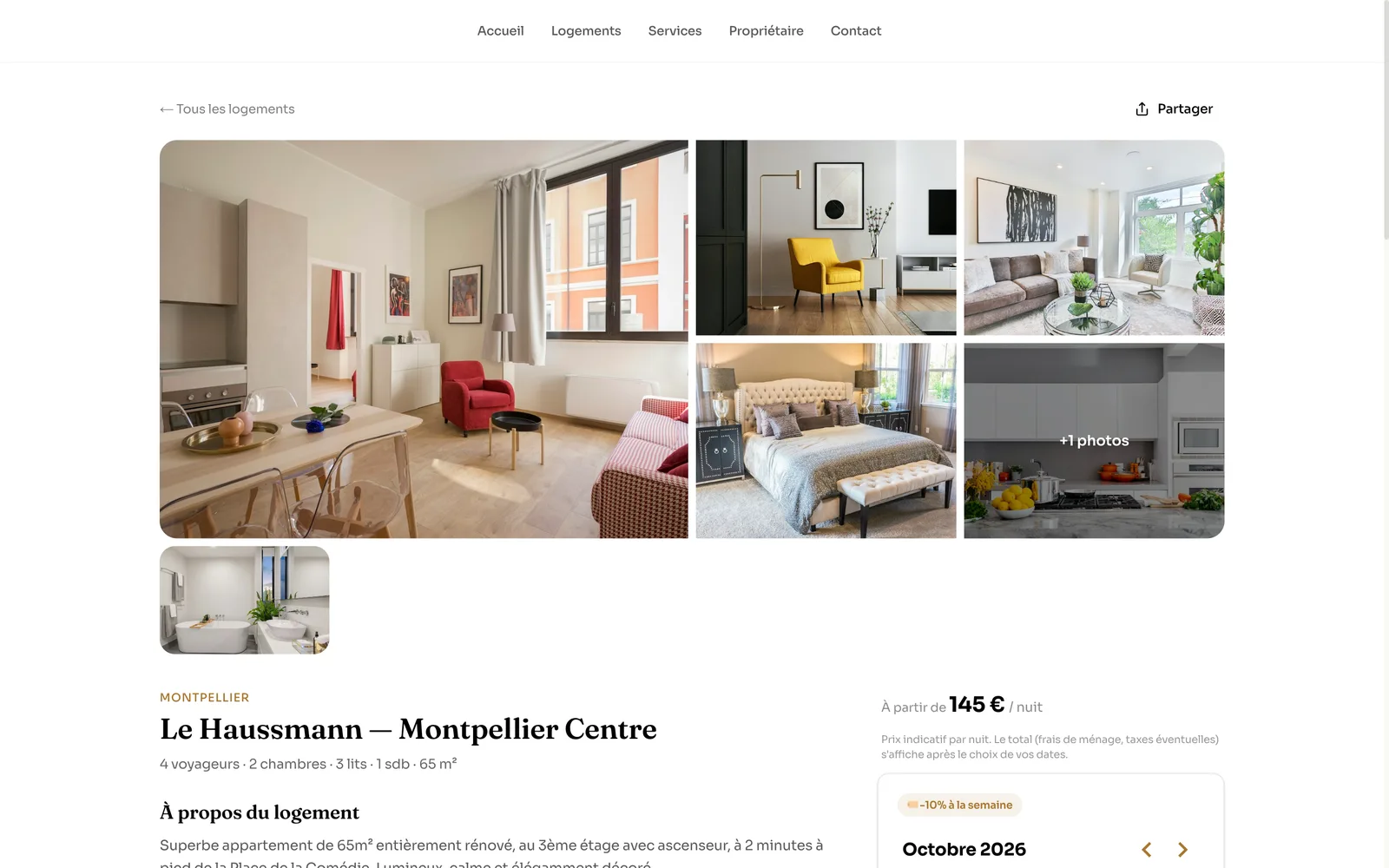 Une page logement d'un site de réservation en direct créé avec Node : photos, prix par nuit et calendrier de réservation
